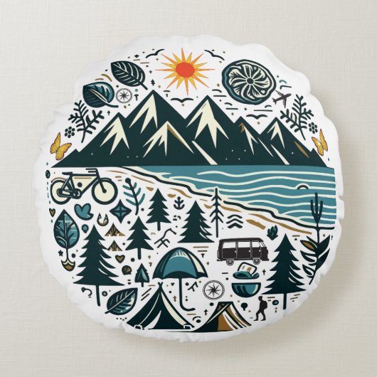 自然アドベンチャーキャンプ旅行探索 ラウンドクッション (正面)