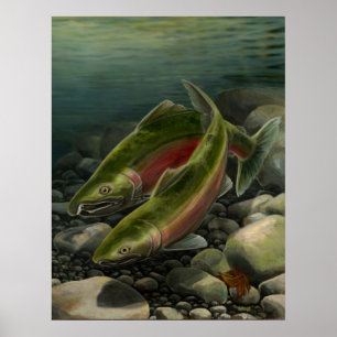 自然アートプリントコホサーモン魚釣りアートプリント ポスター