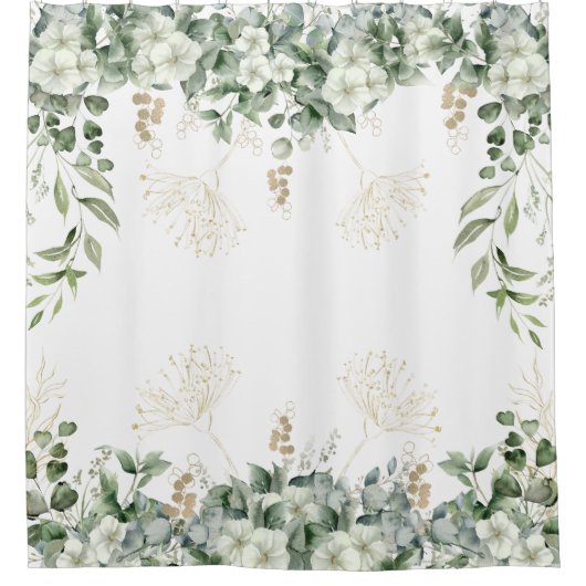 自然インスパイアグリーンと金ゴールドフローラ シャワーカーテン (正面)