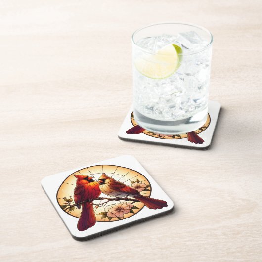 自然インスパイア（鳥）ショウジョウコウカンチョウペアのステンドガラスアート コースター (右側)