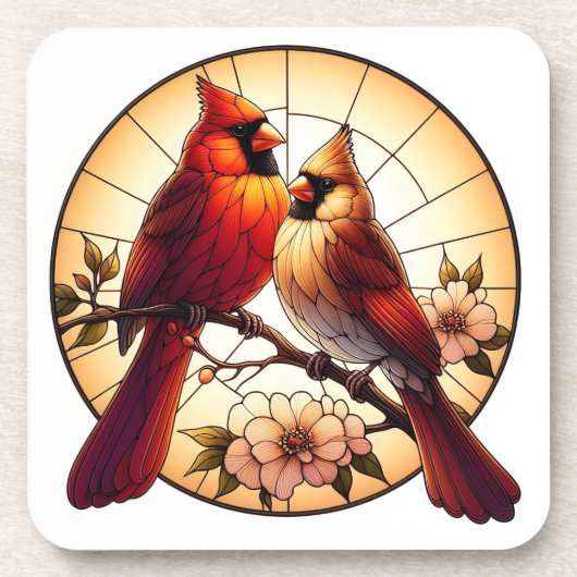 自然インスパイア（鳥）ショウジョウコウカンチョウペアのステンドガラスアート コースター (正面)