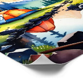 自然ウォーターカラーサンセットマウンテンレイクキャンピング ポスター (角)