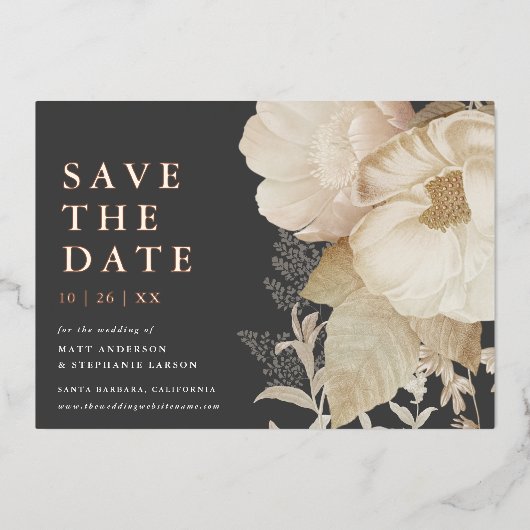 自然エレガントフローラ暗い写真以外の日付の保存 箔招待状 (正面)