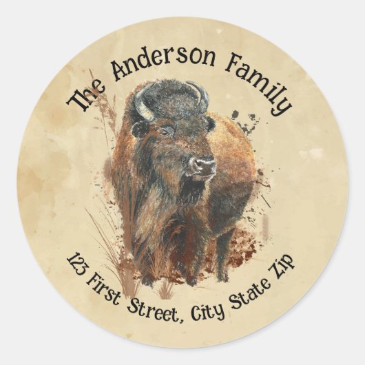 自然カスタムバイソンバッファローワイルドライフイルドライブアニマルアート ラウンドシール (正面)