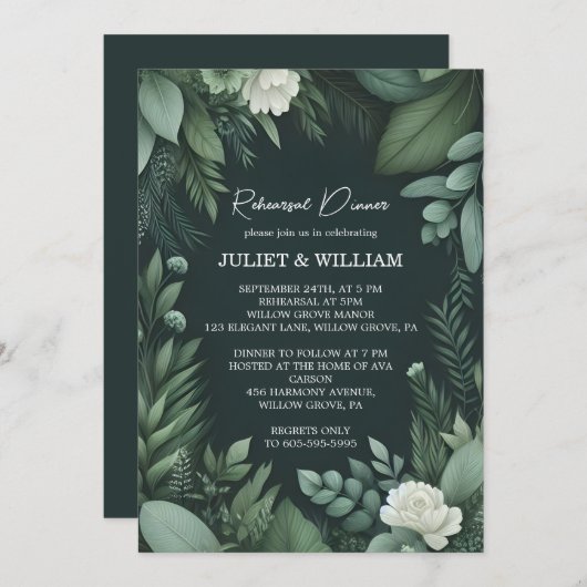 自然ガーデンプラントダークグリーンリハーサルディナー 招待状 (正面/裏面)