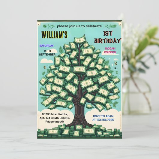 自然クールキャッシュのみマネーツリー13誕生日 招待状 (スタンド正面)