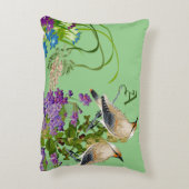 自然グリーンウォーター色フローラ鳥薄紫開花 アクセントクッション (裏面(縦))