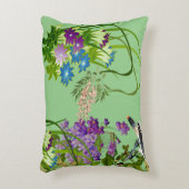 自然グリーンウォーター色フローラ鳥薄紫開花 アクセントクッション (正面(垂直))