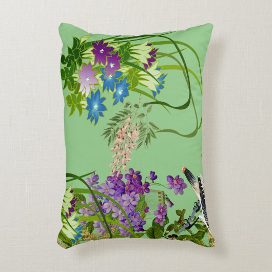 自然グリーンウォーター色フローラ鳥薄紫開花 アクセントクッション (正面(垂直))