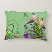 自然グリーンウォーター色フローラ鳥薄紫開花 アクセントクッション (裏面)