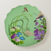 自然グリーンウォーター色フローラ鳥薄紫開花 ラウンドクッション (裏面)