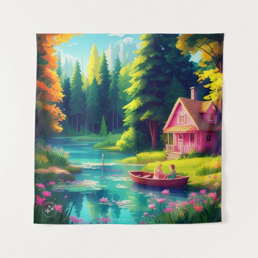 自然シーナリーピンクコテージ タペストリー (正面)