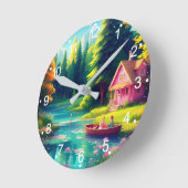 自然シーナリーピンクコテージ ラウンド壁時計 (傾斜)