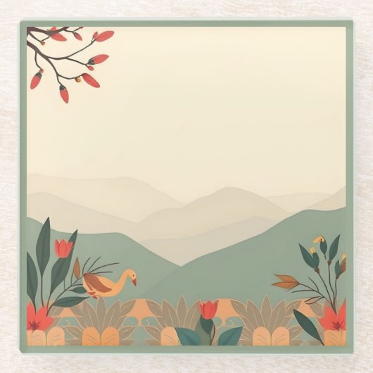 自然シーングリーン縁どガラスコースター ガラスコースター (正面)