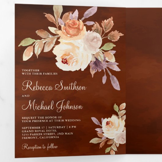 自然ダスティピーチフローラテラコッタ結婚ズ 三つ折り招待状 (内部最初)