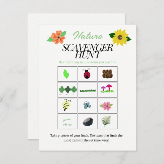 自然テーマの宝探しゲームカード 招待状 (正面/裏面)