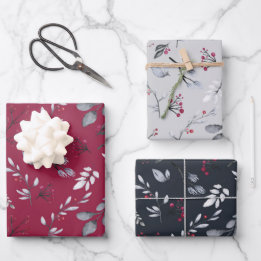 自然テーマボタニカルベリー&葉クリスマス ラッピングペーパーシート