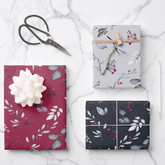 自然テーマボタニカルベリー&葉クリスマス ラッピングペーパーシート (正面)