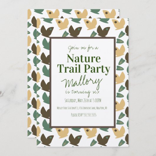 自然トレイルウッズバタフライ誕生日 素朴 招待状 (正面/裏面)