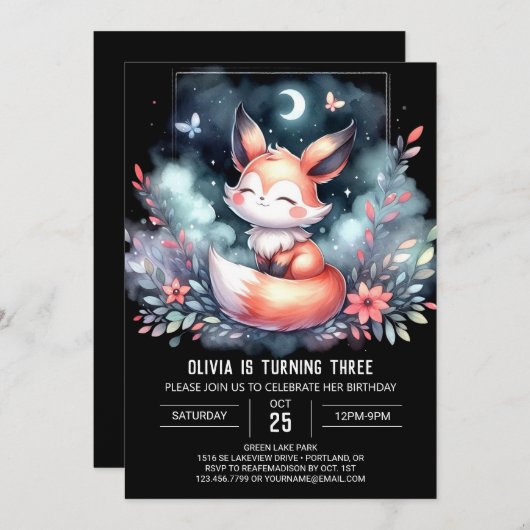 自然ドリーミーキツネ誕生日デジタル 招待状 (正面/裏面)