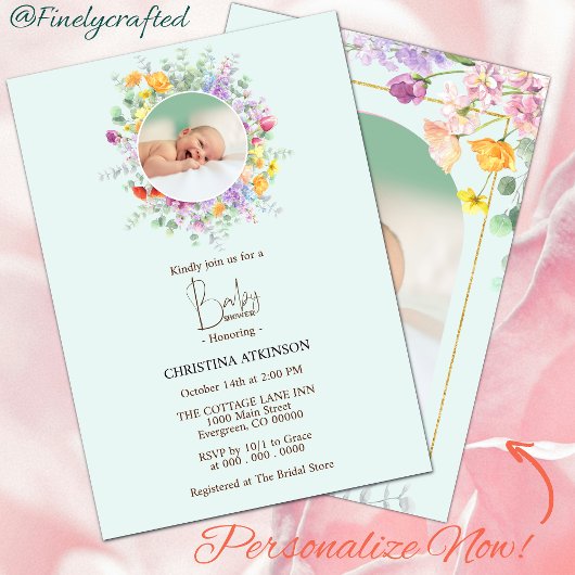 自然パーソナライズされたワイルドフラワー写真ベビーシャワー 招待状