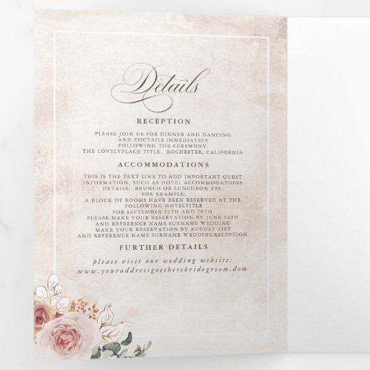 自然ピンクの花エレガントボホ結婚の 三つ折り招待状 (内部最初)