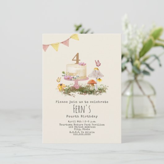 自然フォレストマッシュルームケーキ誕生日 招待状 (スタンド正面)