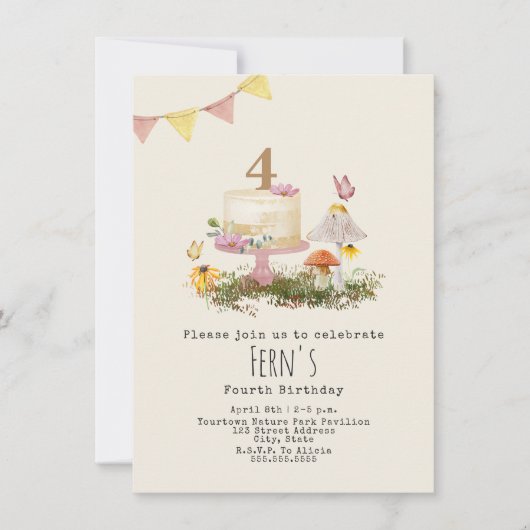 自然フォレストマッシュルームケーキ誕生日 招待状 (正面)