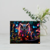 自然フクロウの森の鳥ネオン美しい木の羽 箔シーズンポストカード (立ち正面)