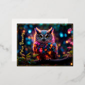 自然フクロウの森の鳥ネオン美しい木の羽 箔シーズンポストカード (正面/裏面)