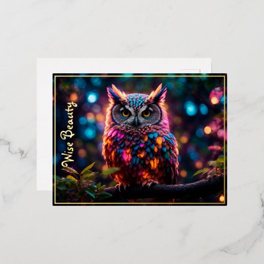 自然フクロウの森の鳥ネオン美しい木の羽 箔シーズンポストカード (正面/裏面)