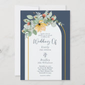 自然フローラアーチネイビー非フォトQRコー結婚ド 招待状 (正面)