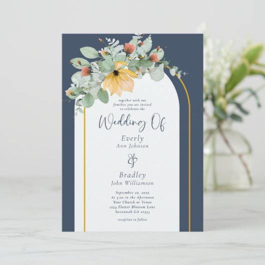 自然フローラアーチネイビー非フォトQRコー結婚ド 招待状 (スタンド正面)