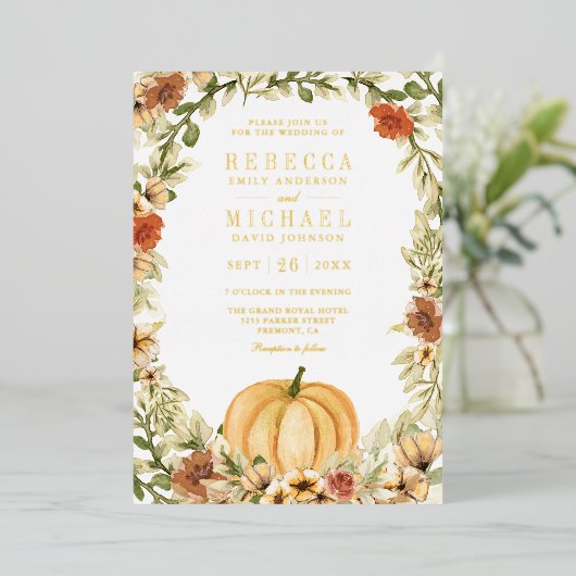 自然フローラパンプキンフォトコラージュ結婚の金ゴールド 箔招待状 (立ち正面)