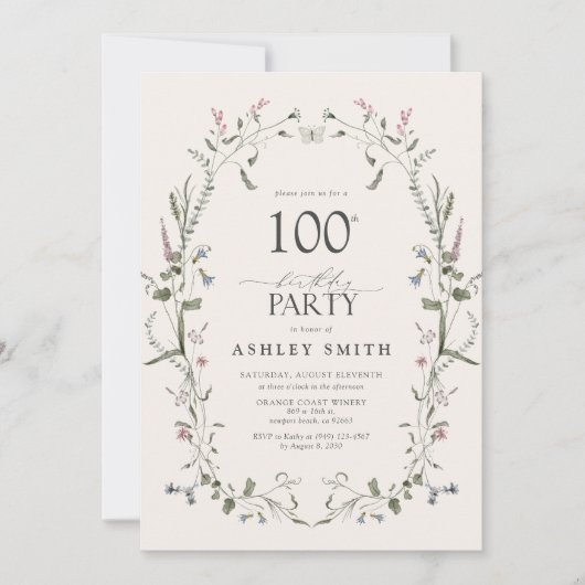 自然フローラ100th誕生日パーティー水の色 招待状 (正面)