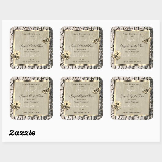 自然ベージュツリーバーク金ゴールドフレーム製品ラベル スクエアシール (シート)