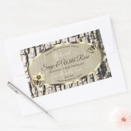 自然ベージュツリーバーク金ゴールドフレーム製品ラベル 長方形シール