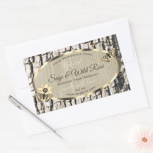 自然ベージュツリーバーク金ゴールドフレーム製品ラベル 長方形シール (封筒)