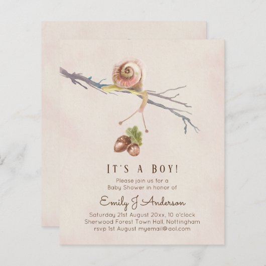 自然ラブカタツムリ男の赤ちゃんシャワー招待状 (正面/裏面)