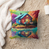 自然ランドスケープイラストレーションウィズレイクコテージ クッション (ブランケット)