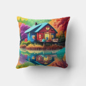 自然ランドスケープイラストレーションウィズレイクコテージ クッション (裏面)