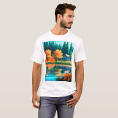 自然ランドスケープイラストレーションウィズレイクコテージ Tシャツ (正面フル)