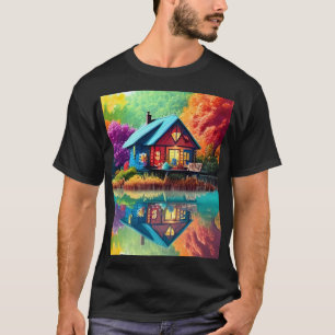自然ランドスケープイラストレーションウィズレイクコテージ Tシャツ