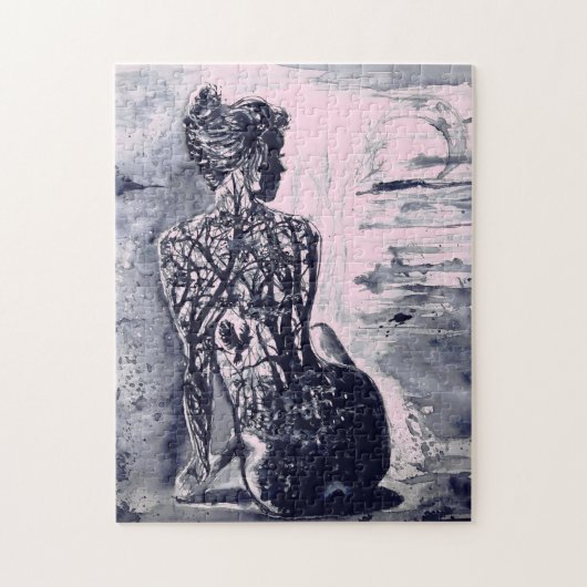 自然レディ – 白黒水絵画色 ジグソーパズル (縦)