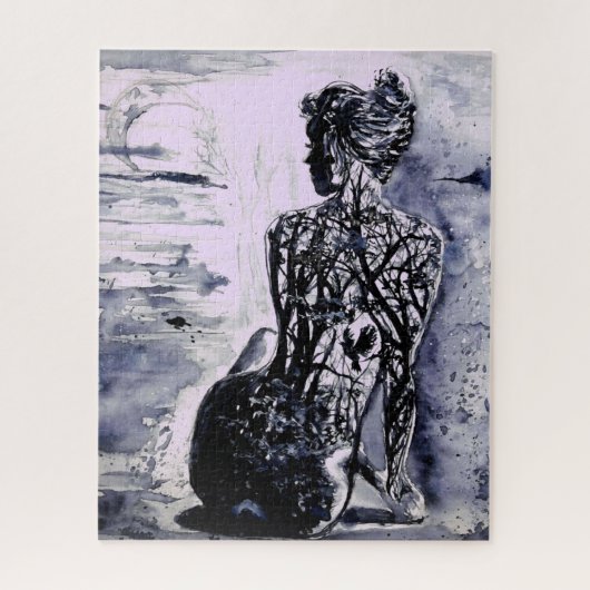 自然レディ – 白黒 – 水絵画彩 ジグソーパズル (縦)