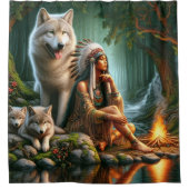 自然中の先住民インディアンと狼の調和 シャワーカーテン (正面)