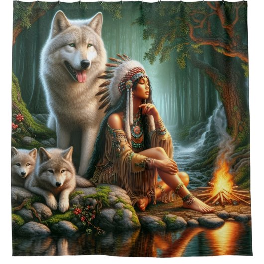 自然中の先住民インディアンと狼の調和 シャワーカーテン (正面)