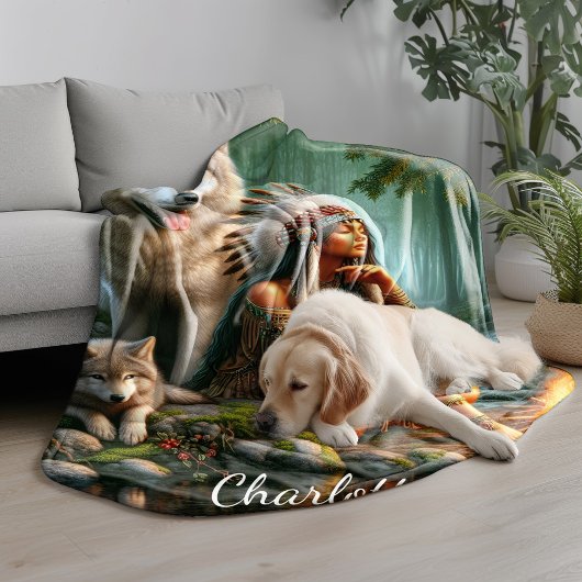 自然中の先住民インディアンと狼の調和 フリースブランケット