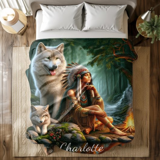 自然中の先住民インディアンと狼の調和 フリースブランケット