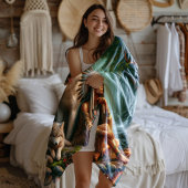 自然中の先住民インディアンと狼の調和 フリースブランケット